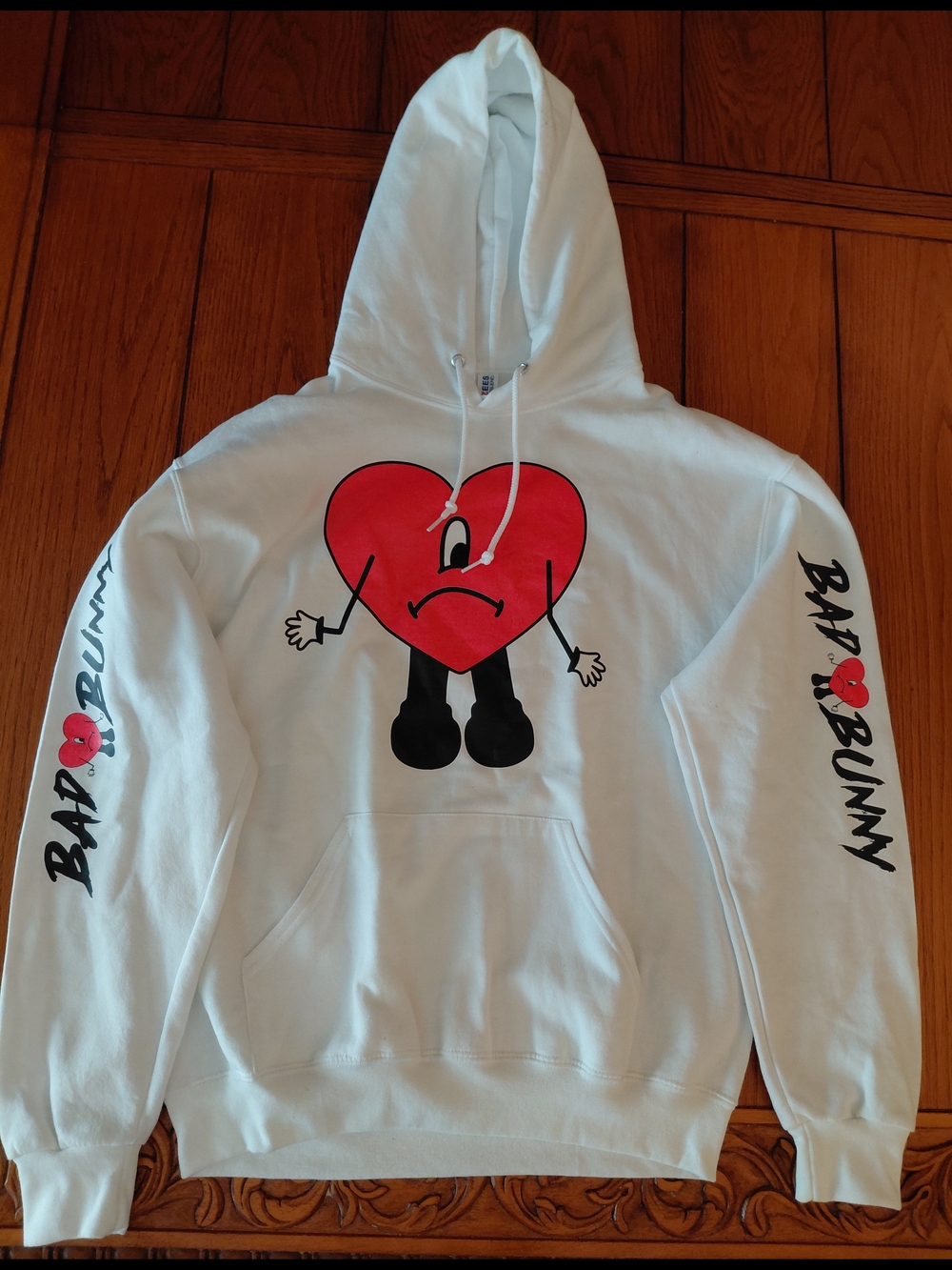 Jerzees Men’s White Pullover Hoodie M Bad Bunny Graphic Print Drawstring Pocket